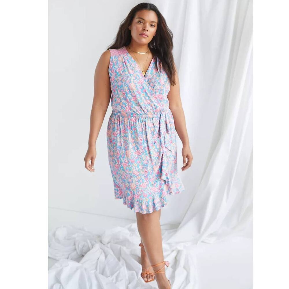 Anthropologie Pink and Blue Floral Wrap Mini Dress